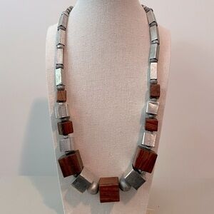 Vintage Chunky Wood & Aluminum Block Chain Statement Necklace